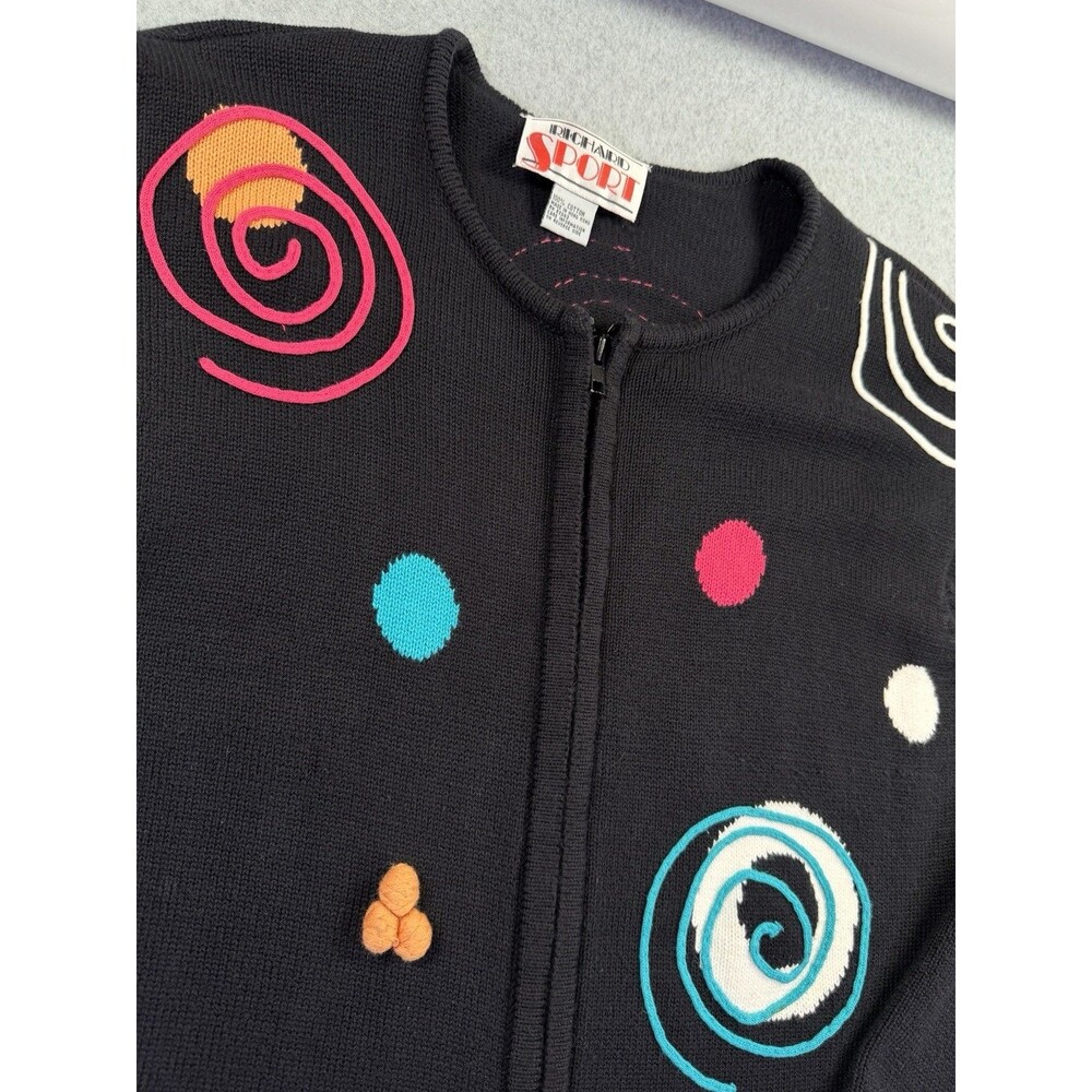 Vintage Richard Sport Women’s Black Knit Zip Cardigan Abstract Geometric M/L